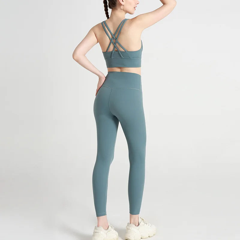 Classic women's yoga suit 2 piece set cross sling bra vest, butter touch stretch leggings gym workout dance sports suit