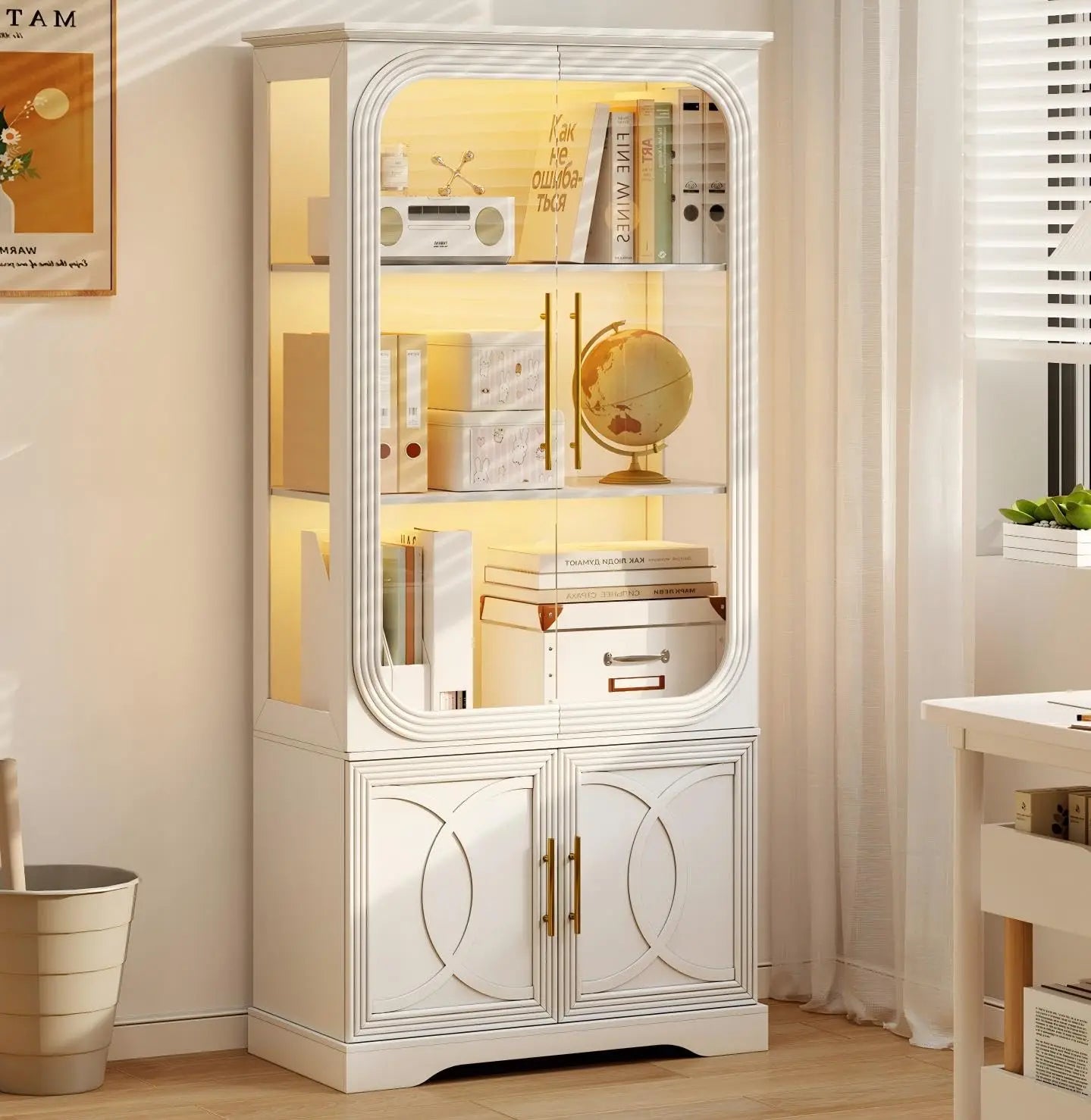 Display Curio Cabinet with Glass Doors, 69 in Tall Bookcase with LED Lights, Storage Cabinet|Kitchen Pantry, Customized