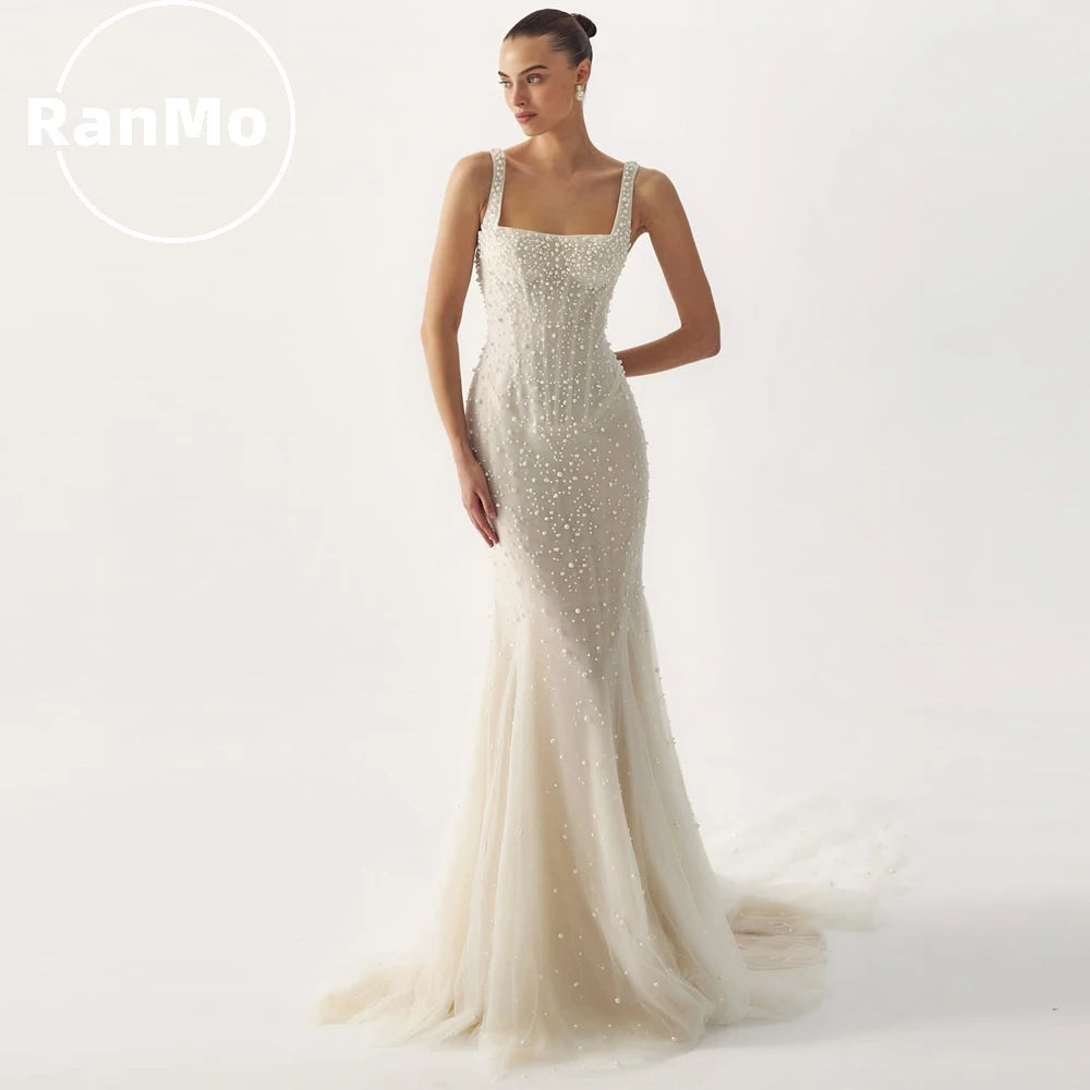Ranmo Fashion Lace Wedding Dress Woman's Mermaid Bridal Gowns Spaghetti Strap Pearls Court Train Customized Vestidos De Novia