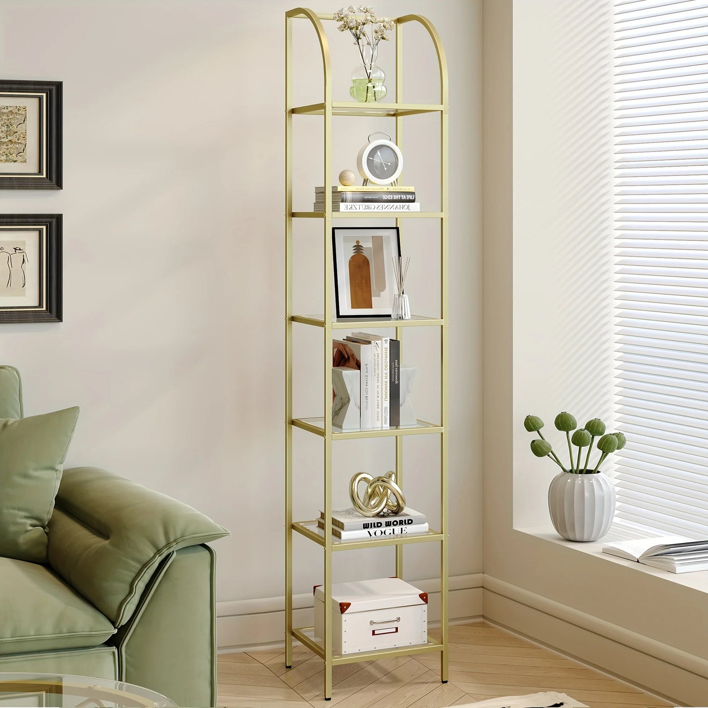 Bookcase Bookshelf, Tempered Glass Arched Bookshelf For More Storage, Slim Shelving Unit For Bedroom, Bathroom, Home Office