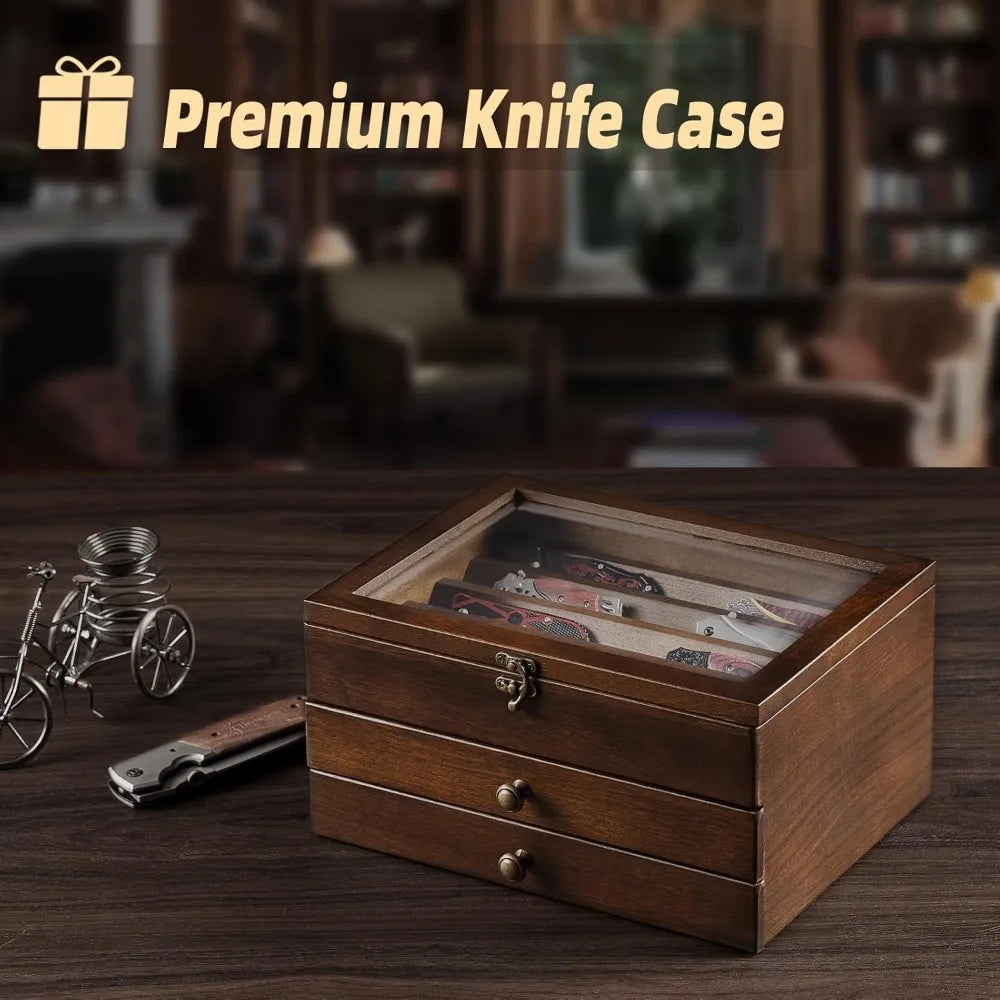 3-Layer Wooden Knife Display Case with Glass Lid & Drawers, Pocket Knife Collection Holder