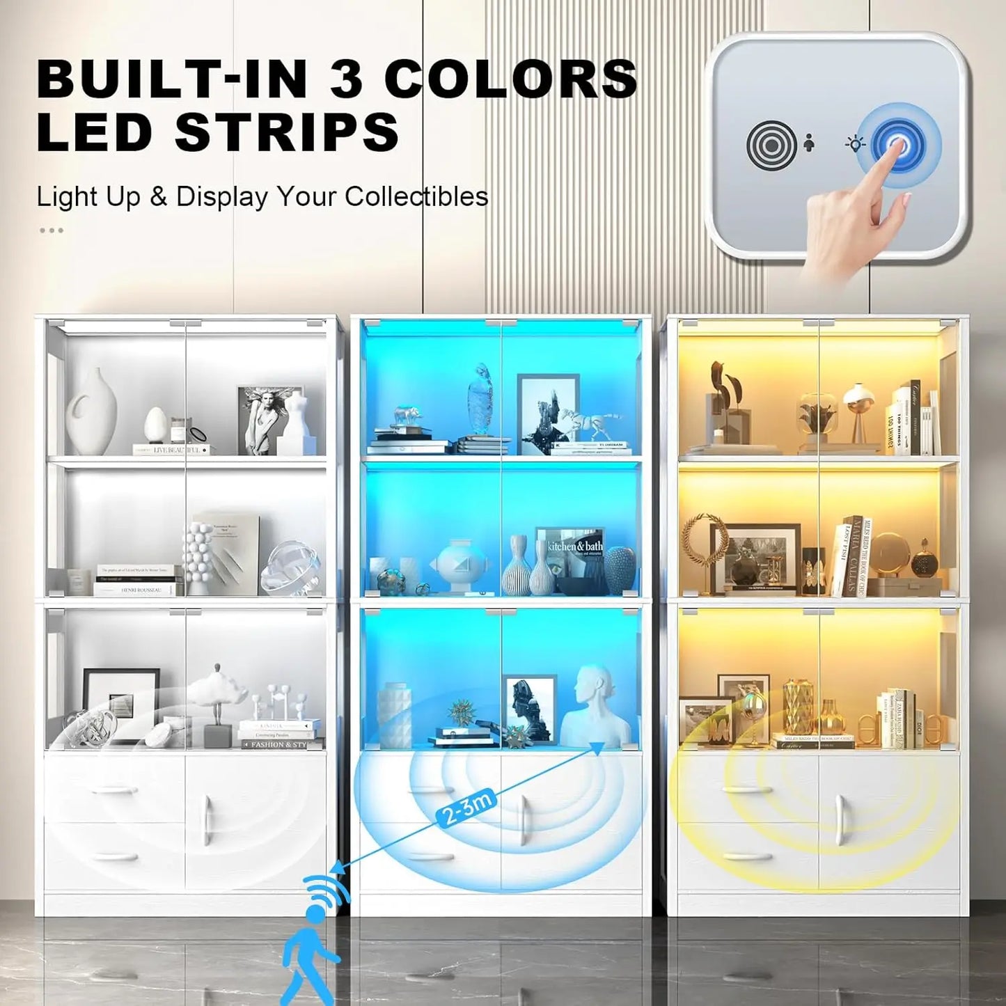 Display Cabinet with Glass Doors, 4-Tier Display Case with 3-Color Lights & Human Body Sensor, Storage Cabinets with 3 Shelve