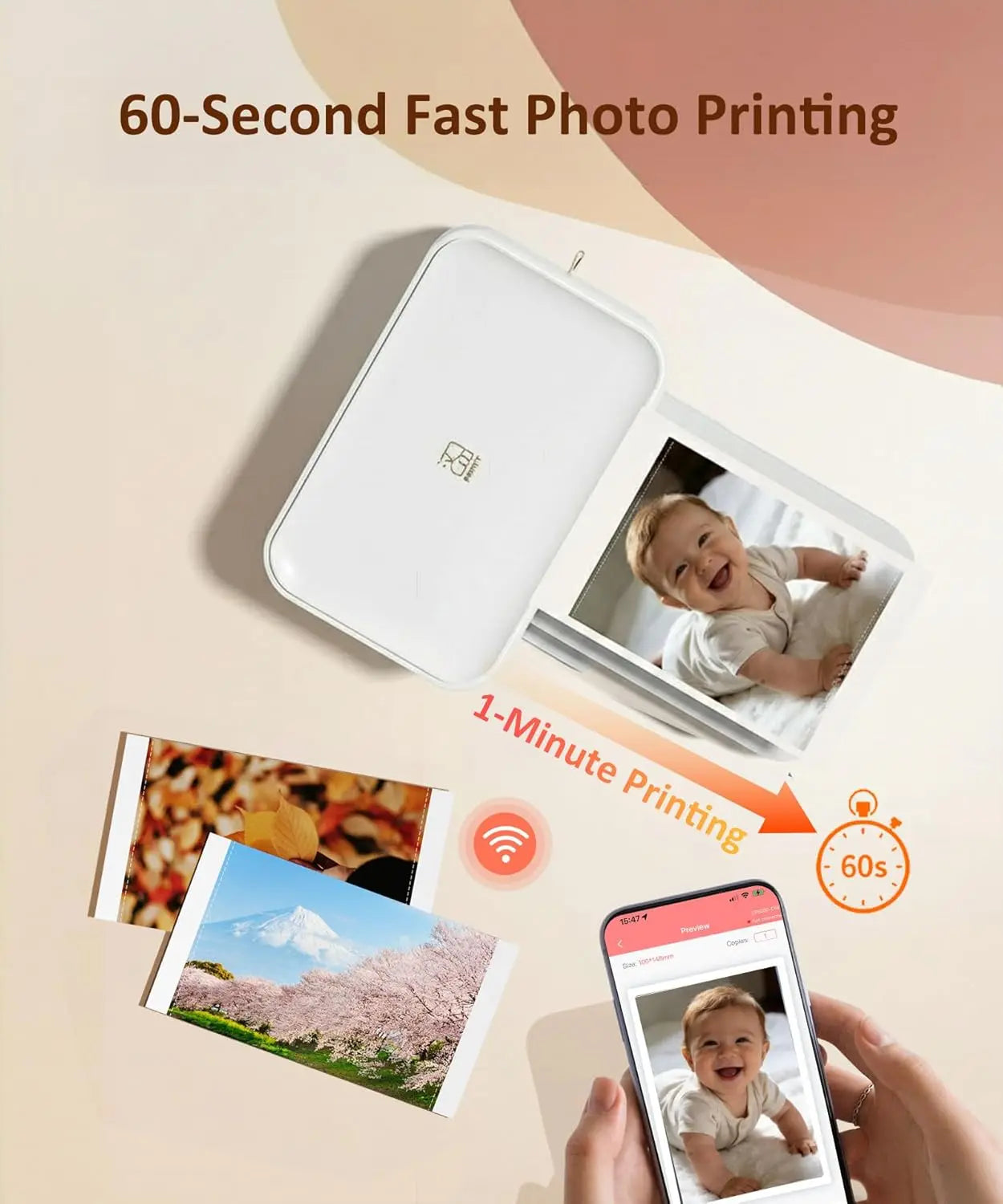4x6 Photo Printer with Wi-Fi, Full-Color Thermal Dye Sublimation, Portable for iPhone/Android, AR Video App, Home Use in White