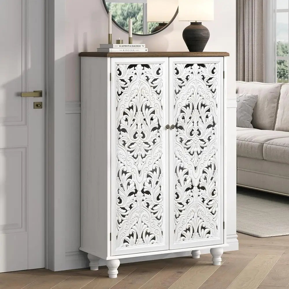 47 High Distressed White Wood Accent Cabinet with 3-Tier Shelves, Boho Style Sideboard for Small Spaces and Living Rooms