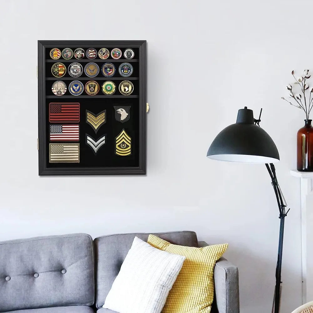 Lockable Medals Display Case Wall Frame for Coins, Pins, and Collectibles - Black Shadow Box with Removable Shelves