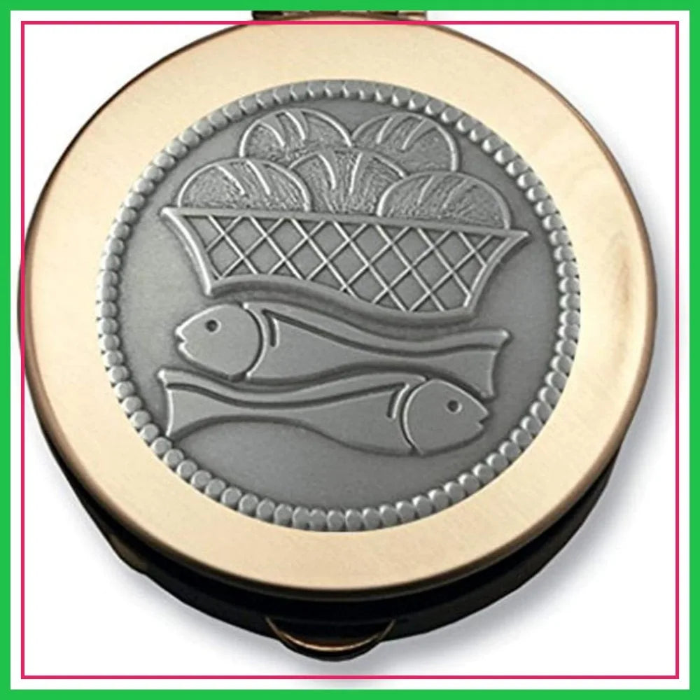 Brass Holy Communion Pyx Keepsake Box, 1.5 Inch, Loaves and Fish Design