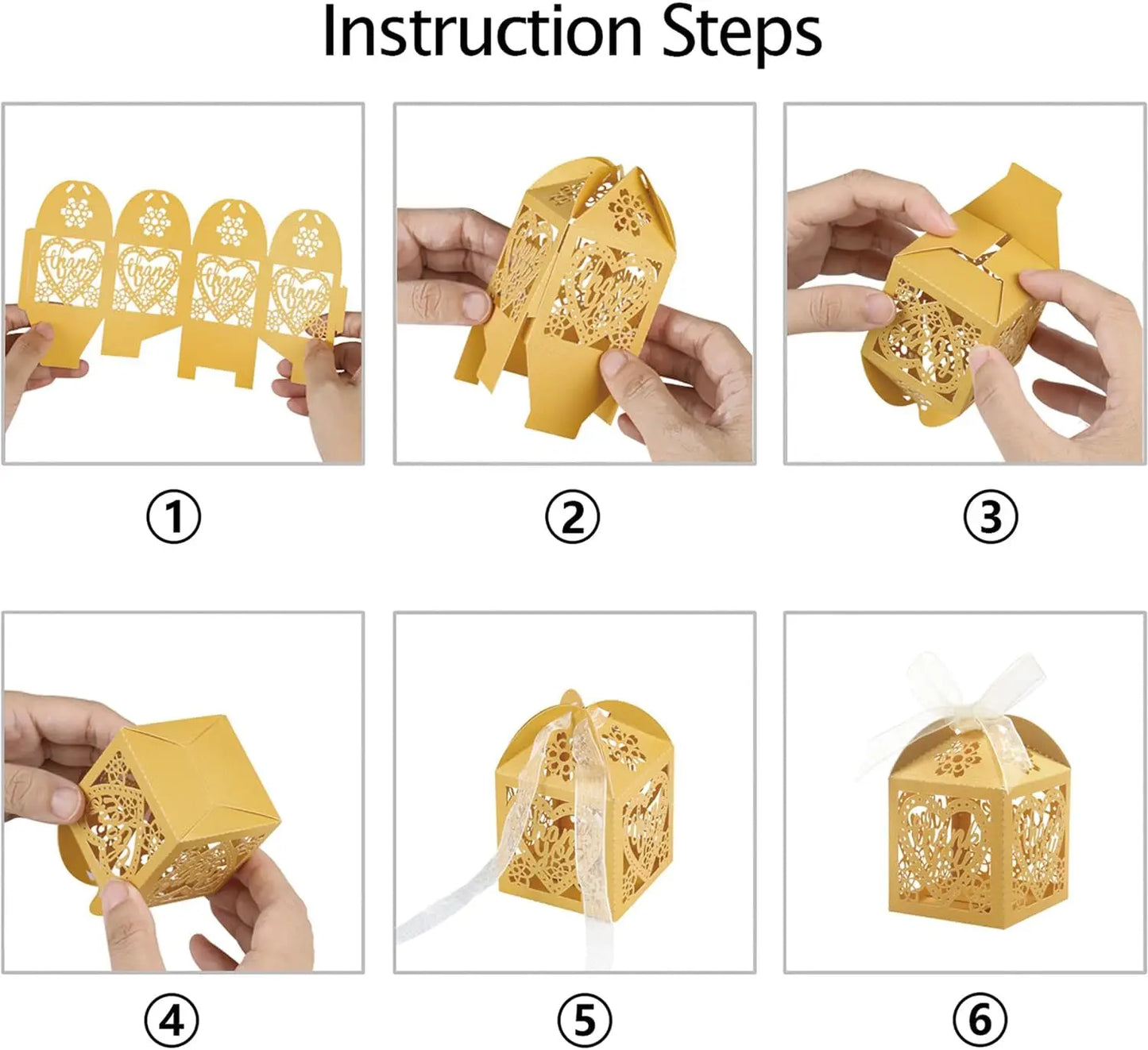 100pcs Gold Thank You Gift Boxes with Ribbons, 2x2x2.75 inch Lace Candy Boxes for Wedding Party Favors