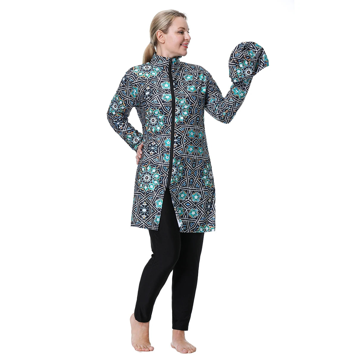 H1024 Muslim Women Fullcoverage Long Sleeves Cover Up Burkinis Three Pieces Plus Size Printing Swimwear Suits