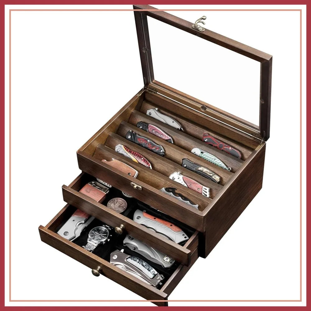 3-Layer Wooden Knife Display Case with Glass Lid & Drawers, Pocket Knife Collection Holder