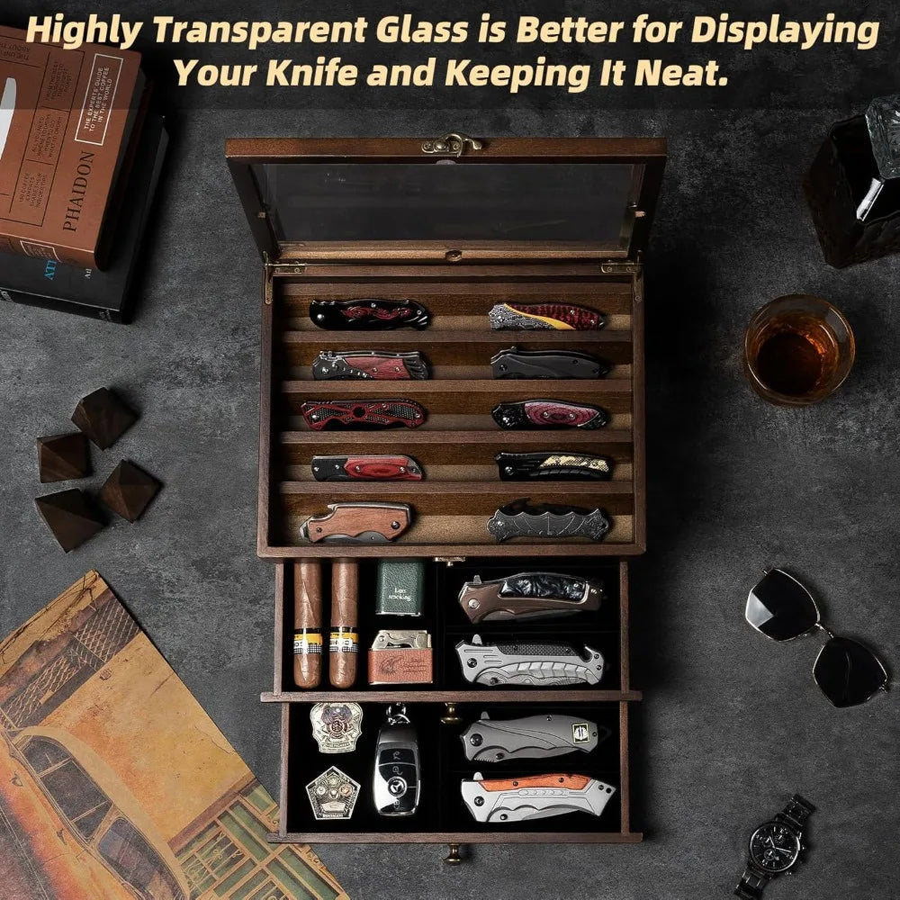 3-Layer Wooden Knife Display Case with Glass Lid & Drawers, Pocket Knife Collection Holder