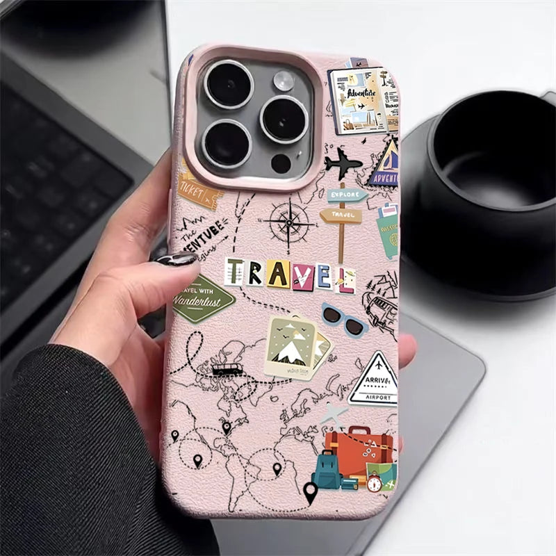Travel Map Pattern Phone Case For iPhone 17e 16e 17 16 15 14 Pro Max 13 12 Pro Air 11 Leather Texture TPU Silicone Soft Cover
