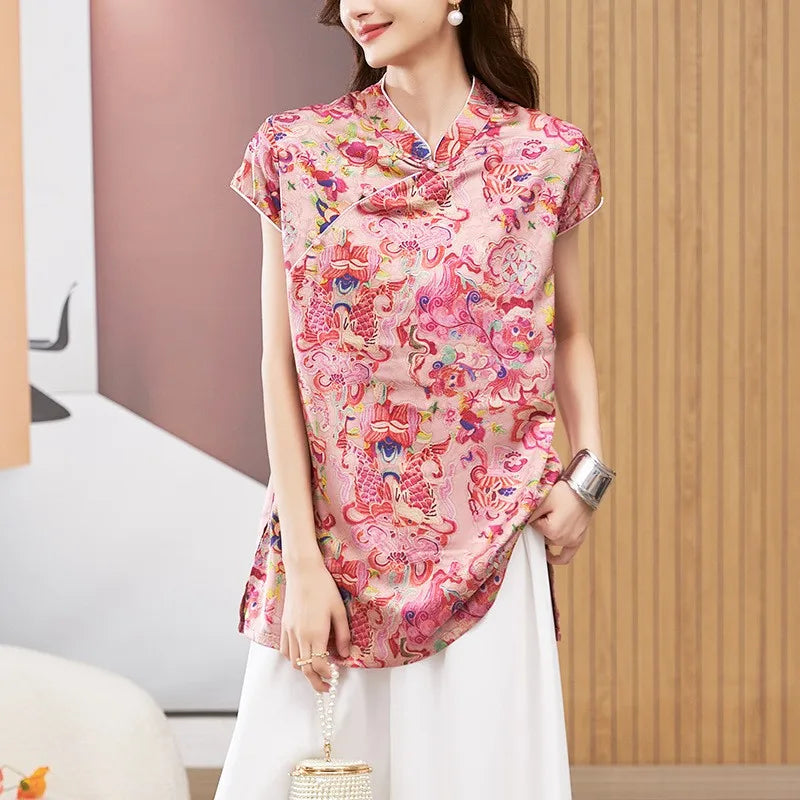 Women's Blouse Short Sleeve Round Neck Top Mandarin Collar Tunic Geometric Print Loose Fit Mid Length Gold Brown Shirt