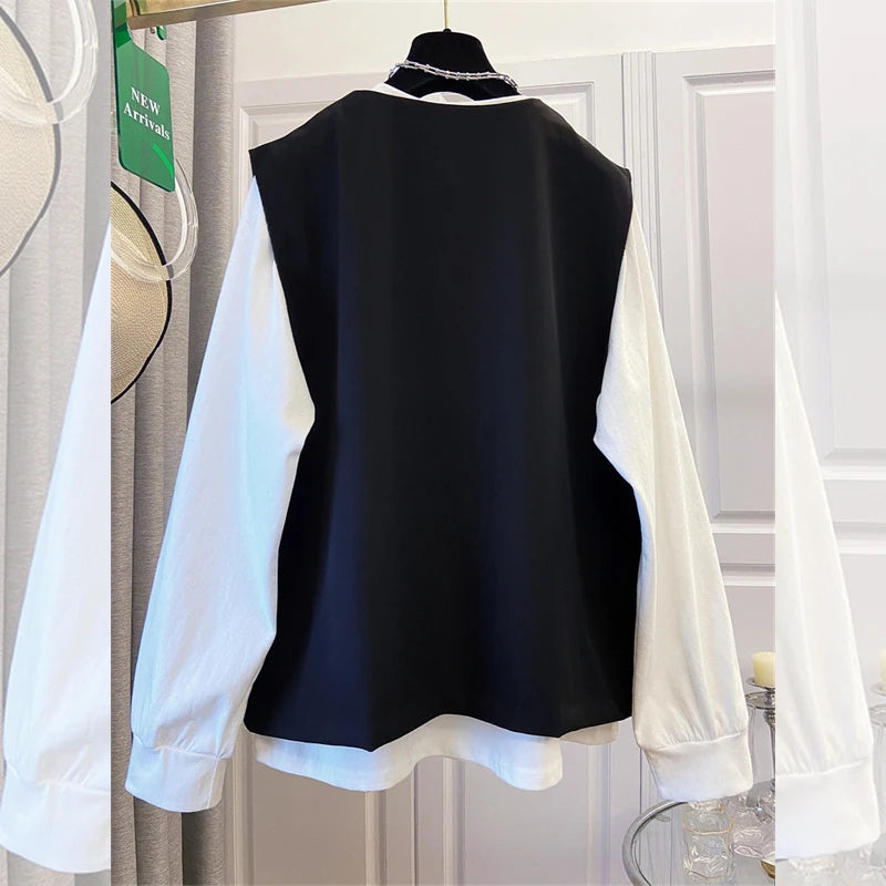 SuperAen Spring New Women's Oversized Pullover White Long-sleeved T-shirt Design Loose-fitting Sleeveless Tops Sets