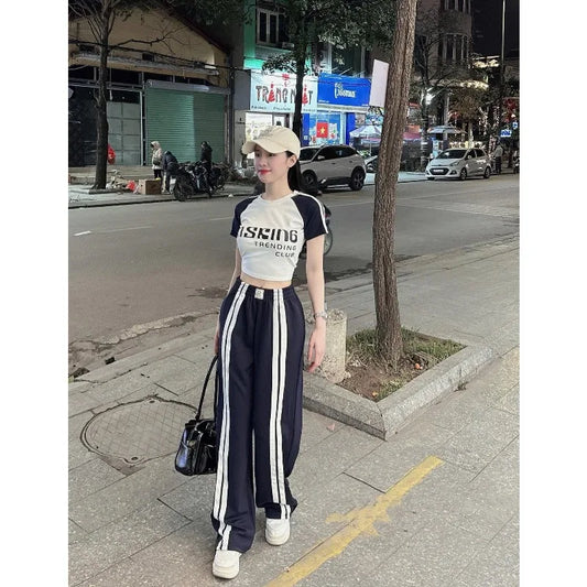 Fashion Suit Women's Summer New Shoulder Sleeves Short-sleeved T-shirt High Waist Wide Leg Pants Street Two-piece Set