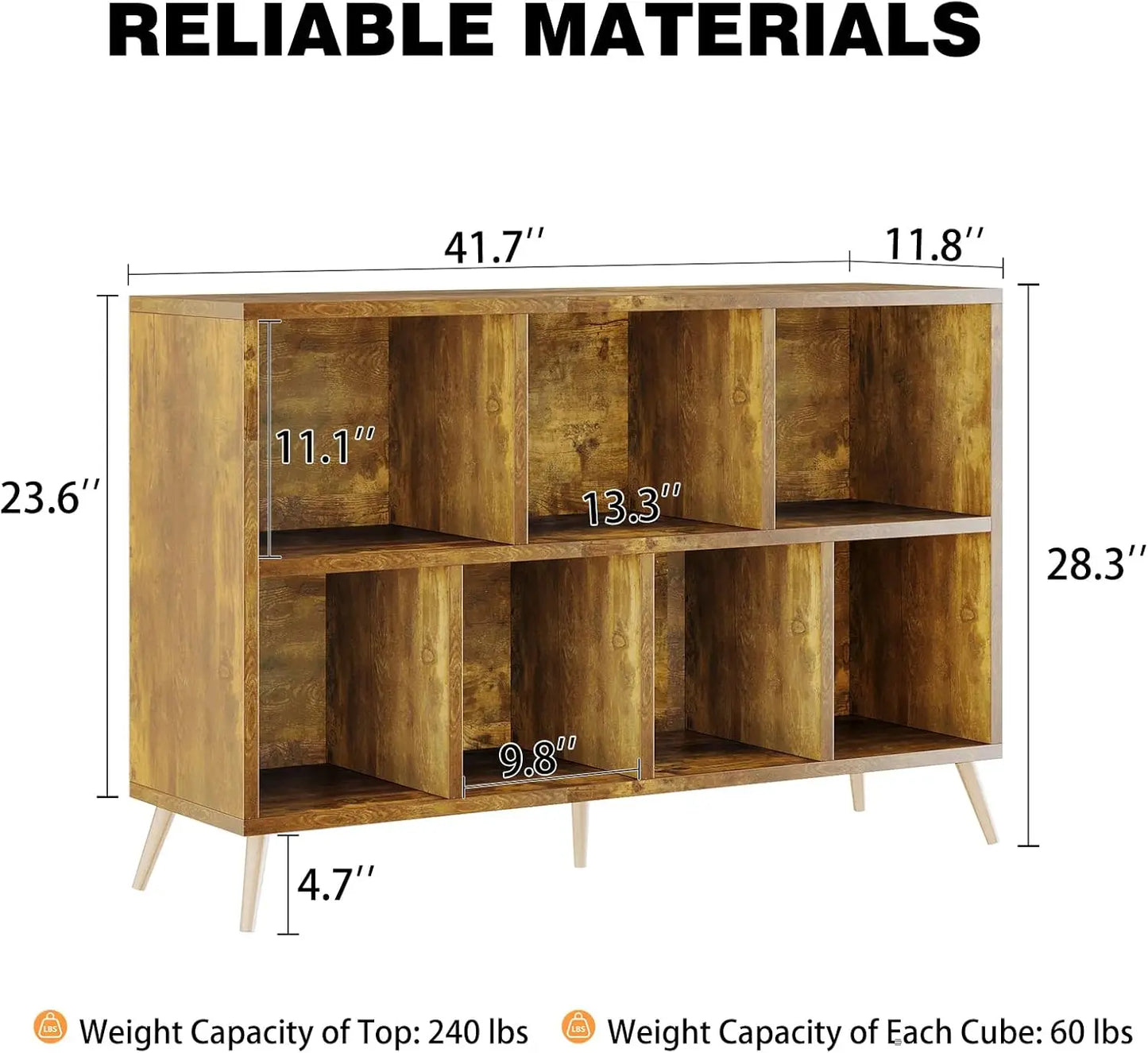 7-Cube Storage Organizer with Natural Wood Legs, Mid-Century Modern Bookcase, Freestanding Toy Storage Bookshelf for Living