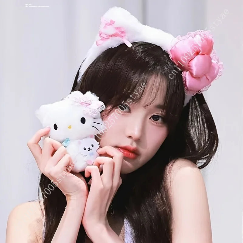 Hello Kitty Pink Bow Plush Headband  Women'S Cute and Comfortable Hair Accessory Suitable for Face Washing and Decoration