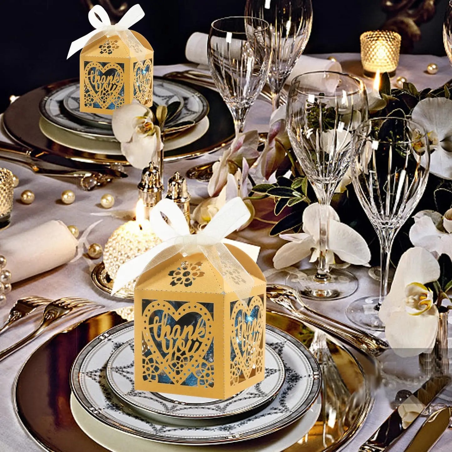 100pcs Gold Thank You Gift Boxes with Ribbons, 2x2x2.75 inch Lace Candy Boxes for Wedding Party Favors