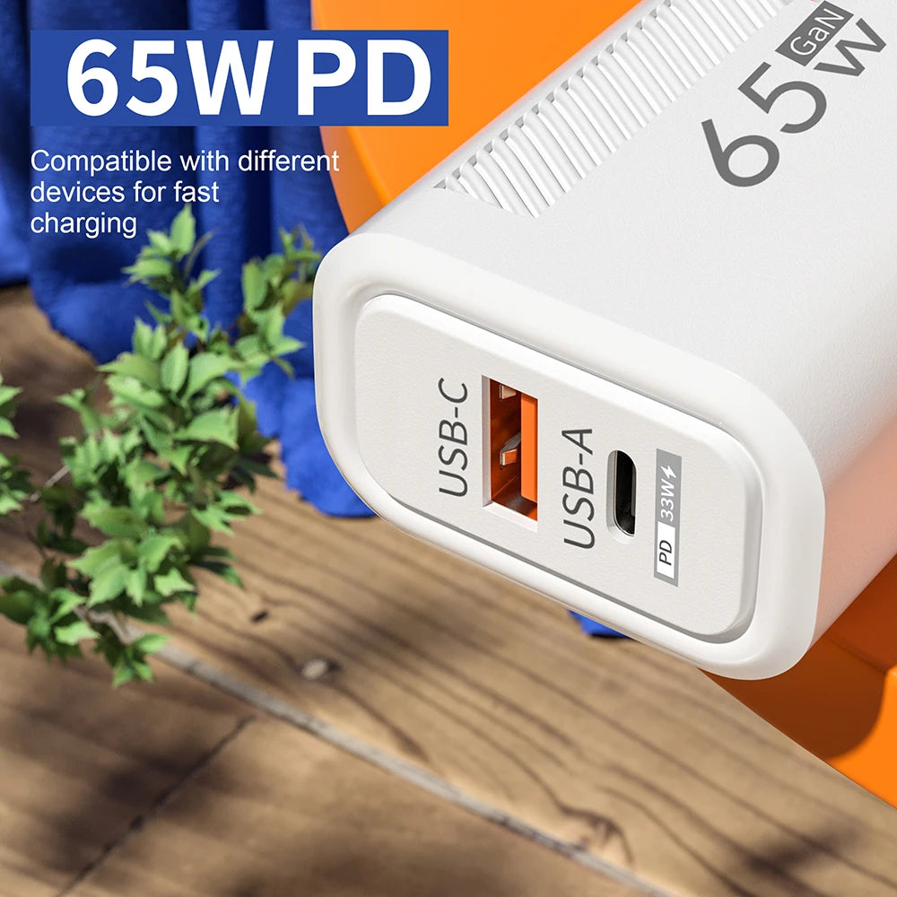 PD 65W GaN Charger USB C Fast Chargering Adapter For Samsung S23 S22 iPhone 15 14 Xiaomi Huawei LG Quick Charge 3.0 USB Charger