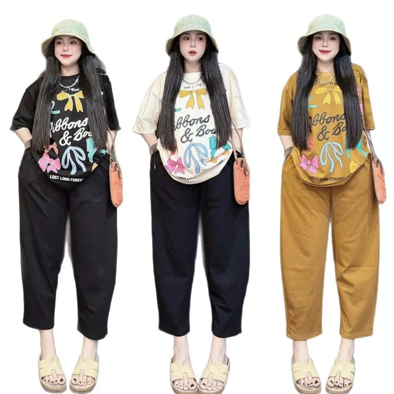 Fashion Suit Women's Summer New Korean Version Bow Short-sleeved Wide-leg Pants Casual Age-reducing Two-piece Set