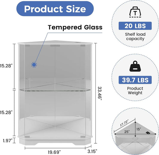 Corner Display Cabinet Set of 2 with Glass Doors, Small Display Case with 3-Color LED Lights and Charging Station, 2-Tier Cur