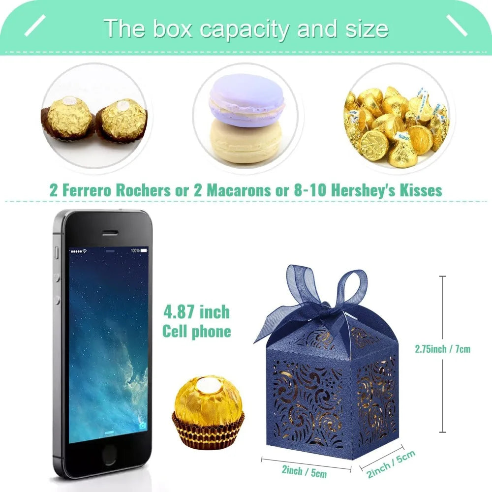 100Pcs 2x2x2.75in Navy Gift Boxes with Ribbons for Wedding Party Favors Candy Treats