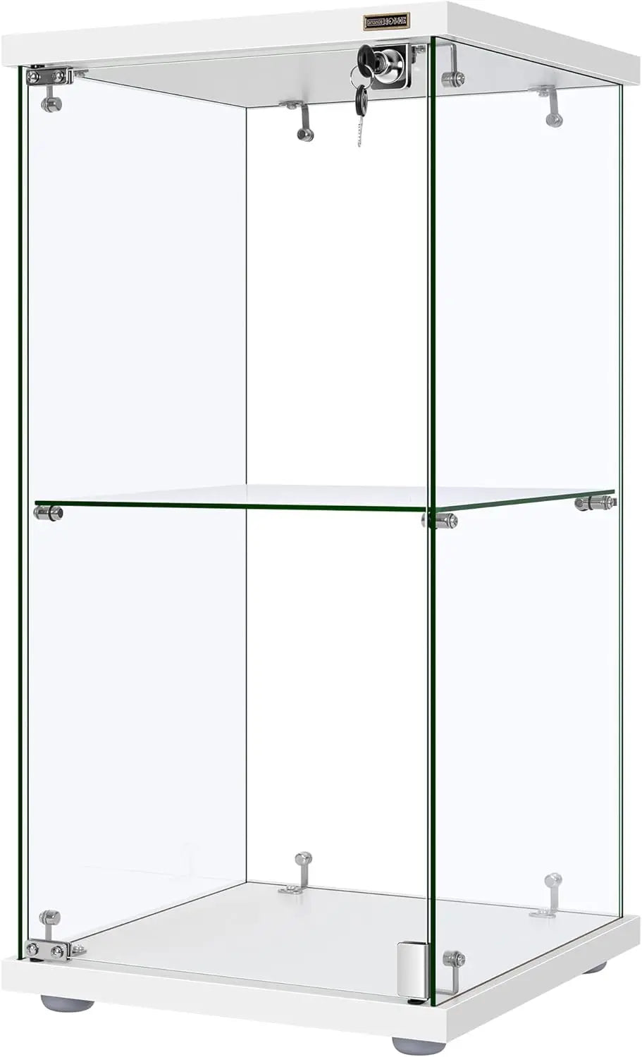 Glass Display Cabinet with Lock, 2-Tier Tempered Glass Showcase Countertop, 15.7"W x 15.7"D x 31.9"H, Sturdy MDF Base, Secure