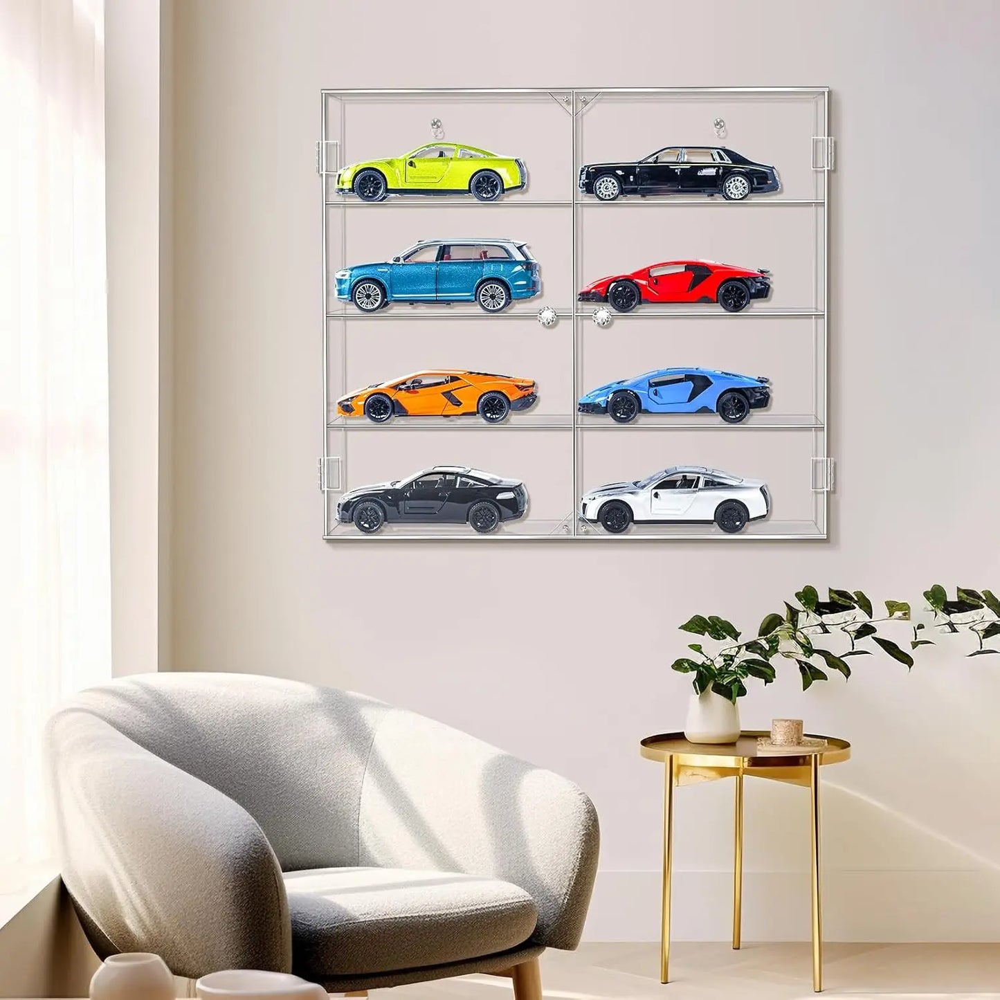 Acrylic Display Case for 1/24 Scale Diecast Storage, 4 Levels 8 Slots Toy Cars Showcase Wall Mount or Desktop, Clear Organizer