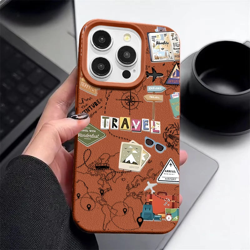 Travel Map Pattern Phone Case For iPhone 17e 16e 17 16 15 14 Pro Max 13 12 Pro Air 11 Leather Texture TPU Silicone Soft Cover