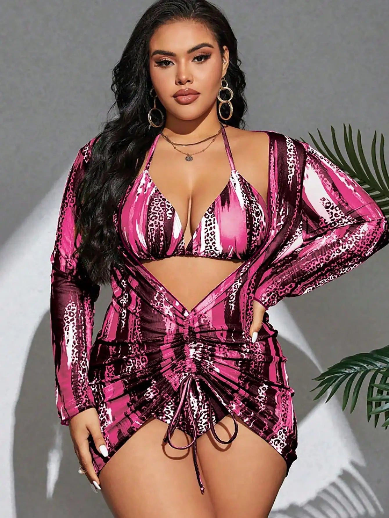 Vibrant Leopard And Colorblock 3-Piece Plus Size Tankini Set For Beach Summer Festival Wear