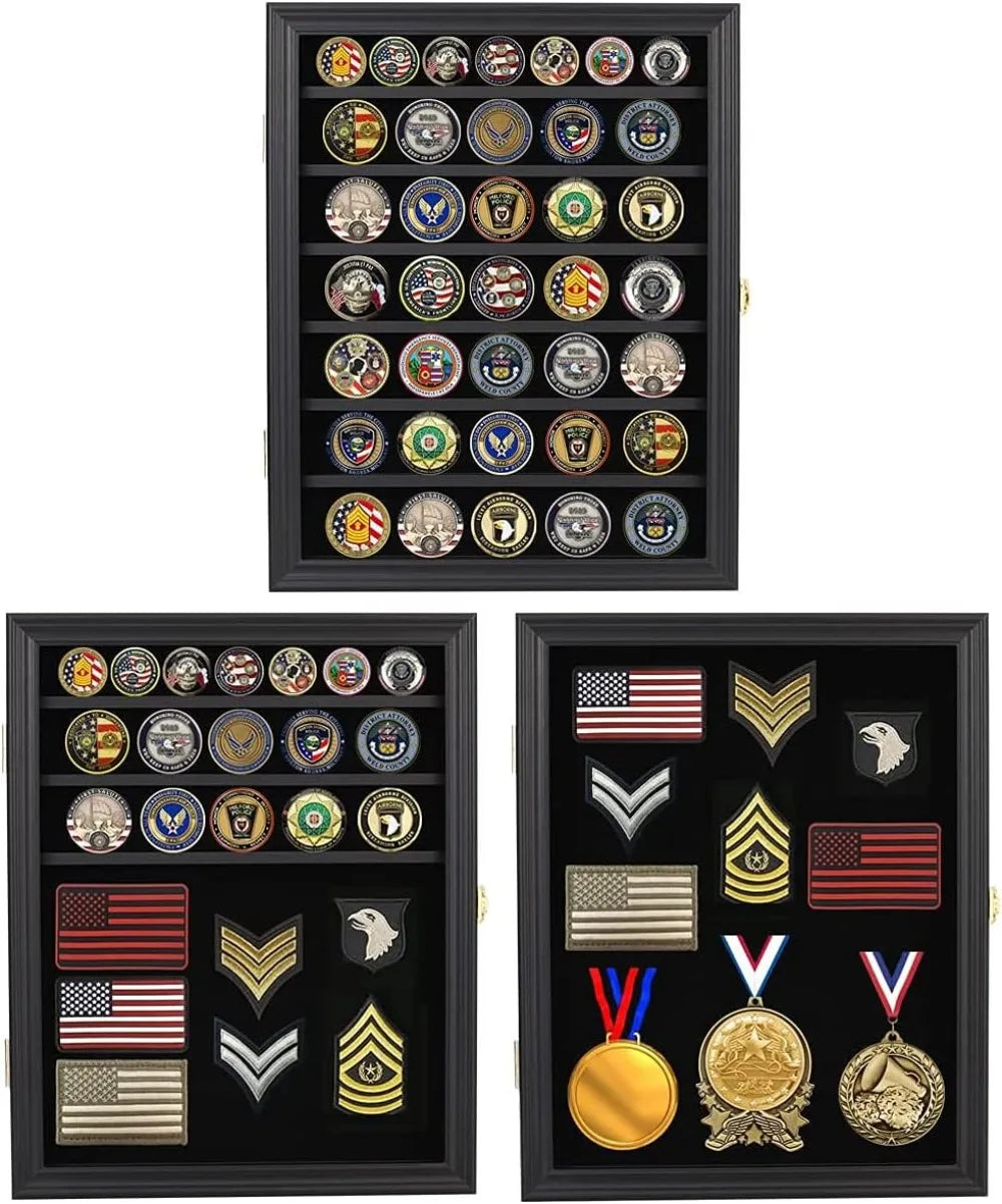 Lockable Medals Display Case Wall Frame for Coins, Pins, and Collectibles - Black Shadow Box with Removable Shelves