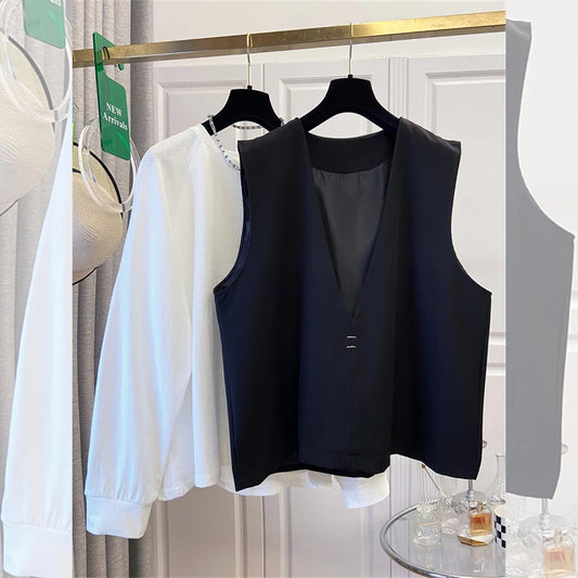 SuperAen Spring New Women's Oversized Pullover White Long-sleeved T-shirt Design Loose-fitting Sleeveless Tops Sets