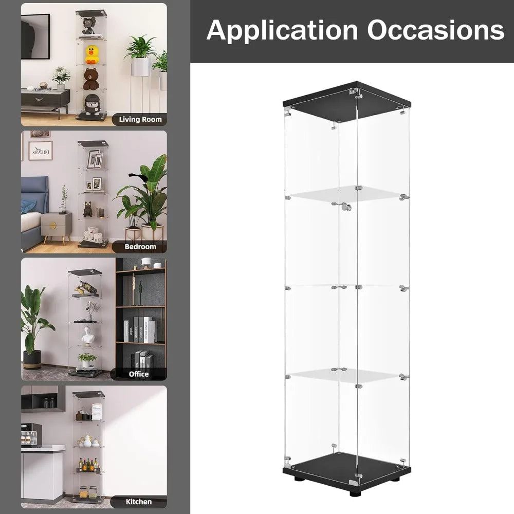 4-Tier Glass Display Cabinet with Lock, 65"x17"x14" Black, Tempered Glass Curio for Collectibles & Wine