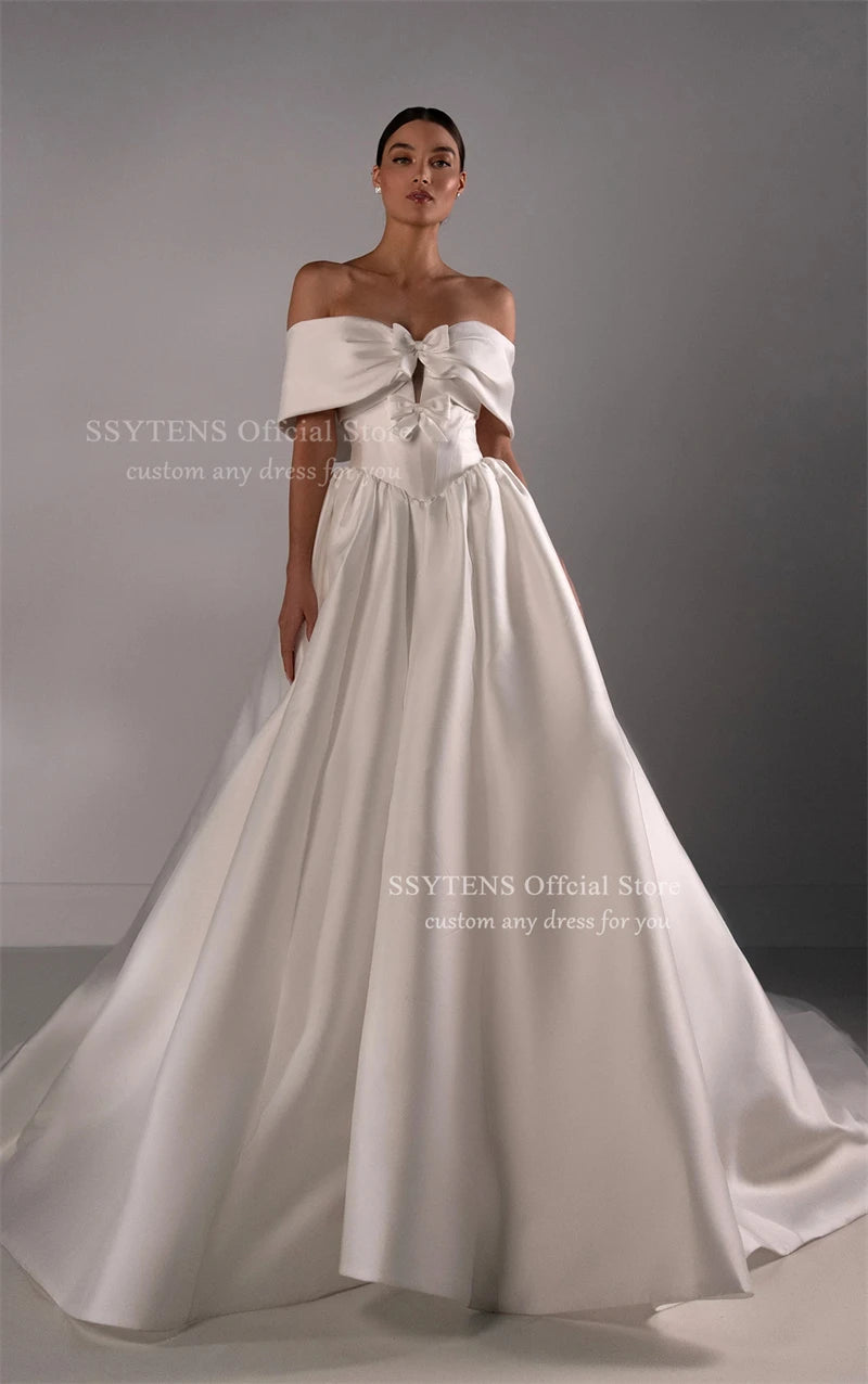 SSYTENS Soft Satin A Line Wedding Dresses Sleeveless Off The Shoulder Bridal Gowns Long Train Wedding Party Dresses Customized