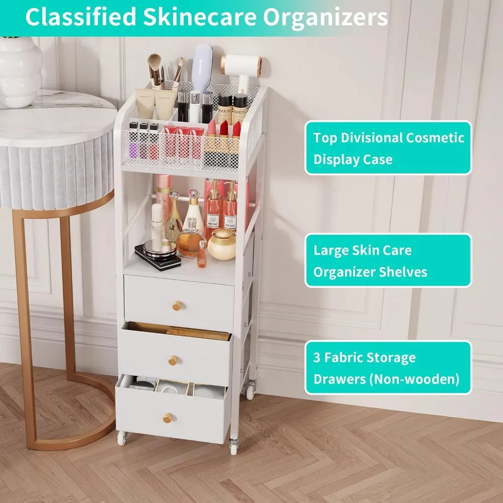 Rolling Makeup Cart Organizer - 3 Drawer Storage for Skincare Cosmetics Nail Polish