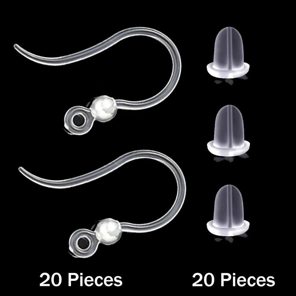 40pcs Clear Plastic Earring Hooks Ear Wire with Loop French Fish Hooks With Transparent Earring Stoppers for DIY Jewelry Making