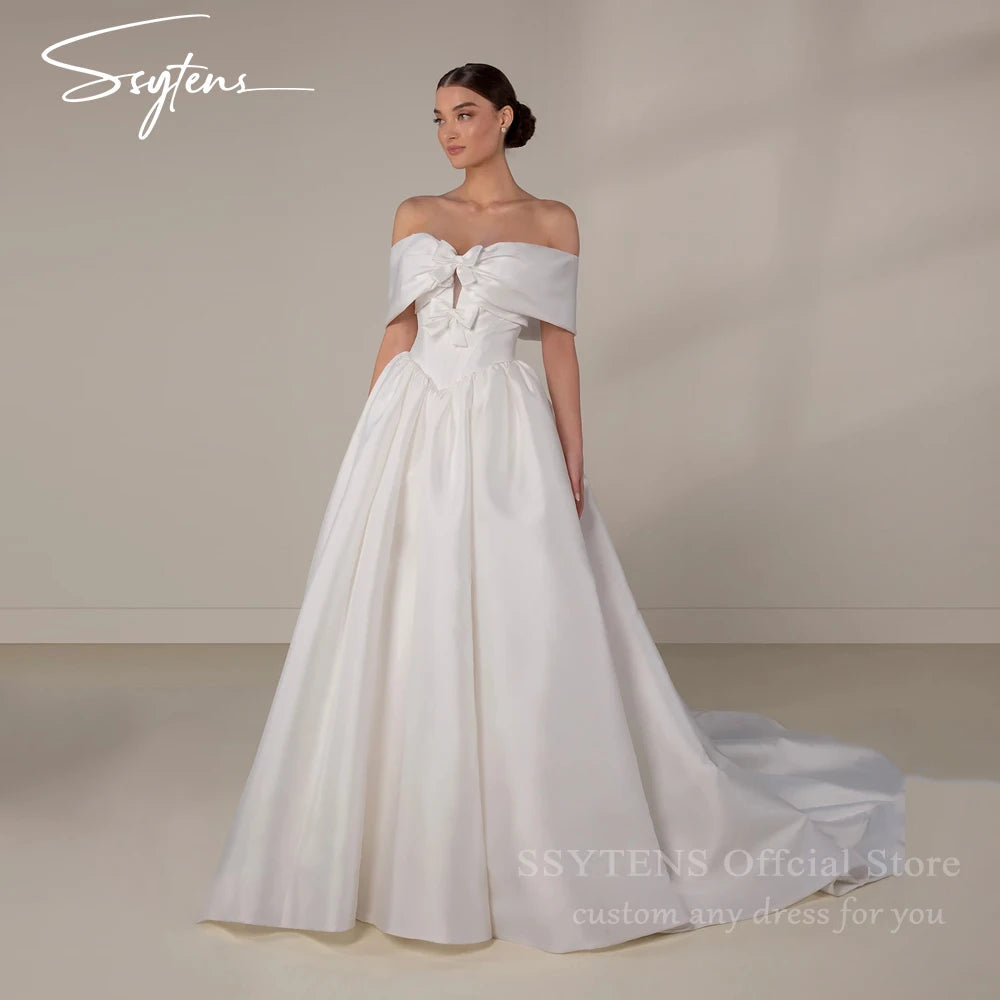SSYTENS Soft Satin A Line Wedding Dresses Sleeveless Off The Shoulder Bridal Gowns Long Train Wedding Party Dresses Customized