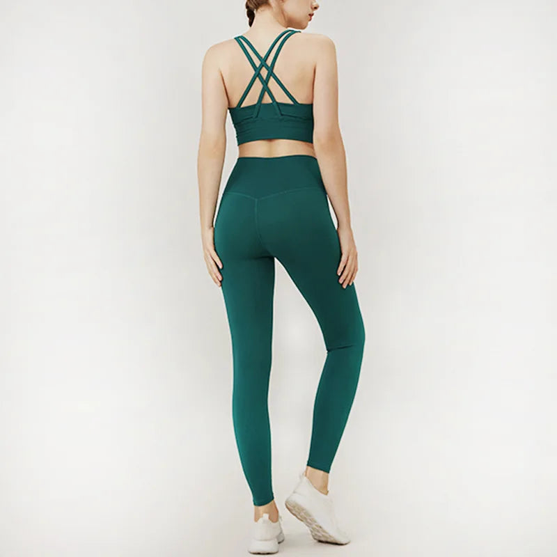 Classic women's yoga suit 2 piece set cross sling bra vest, butter touch stretch leggings gym workout dance sports suit