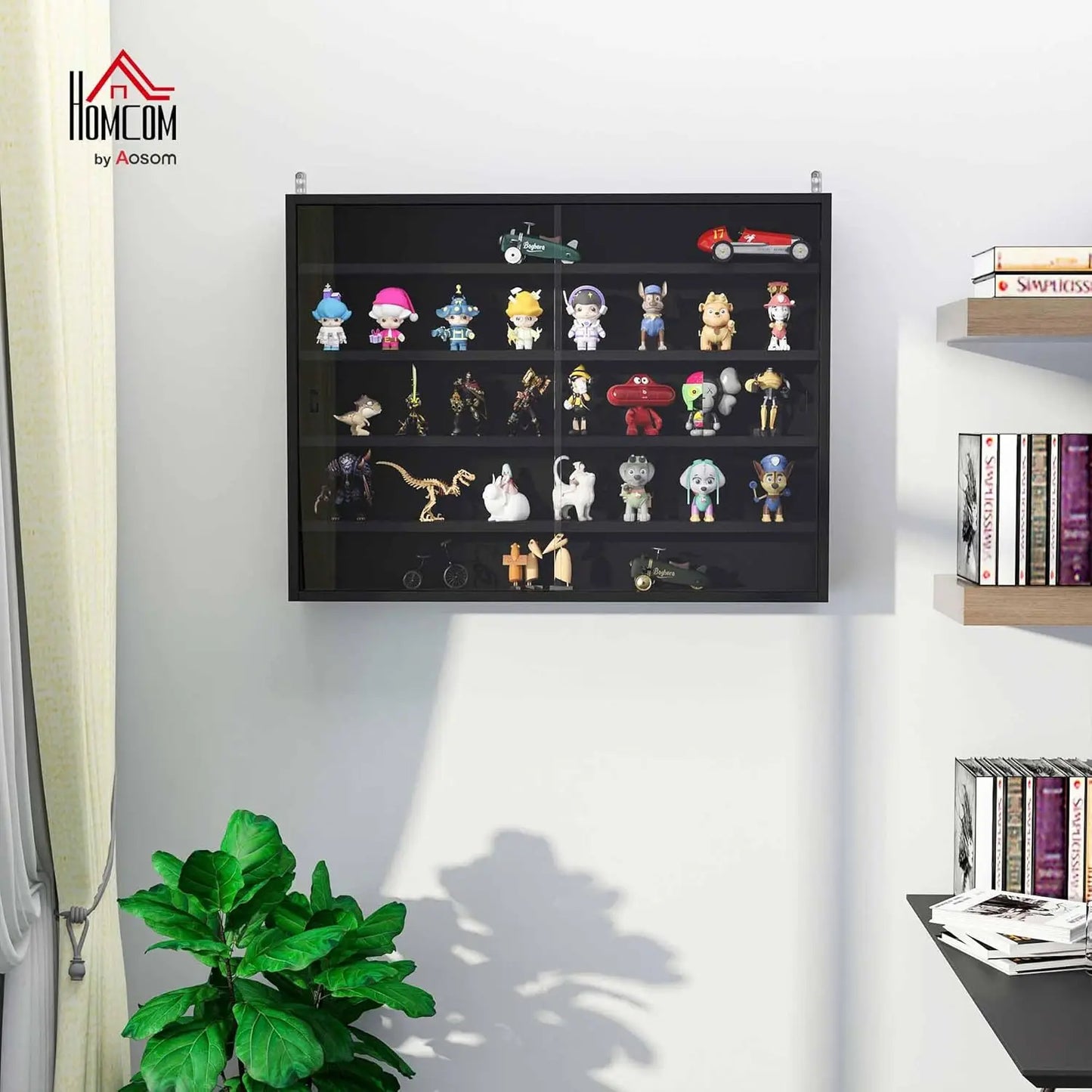 5-Tier Display Cabinet, Glass Door Cabinet with Adjustable Shelves, Wall-Mounted Display Case for Playroom, Bedroom, Black