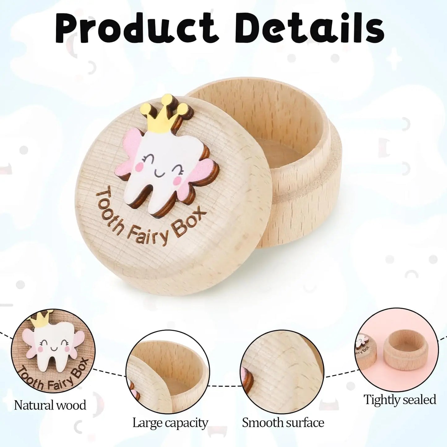 Cute Carved Wooden Tooth Box for Kids, 3D Tooth Design Keepsake for Lost Baby Teeth, Gift for Boys Girls