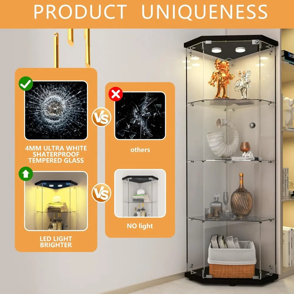 Glass Display Corner Cabinet with Light, 4 Shelves, Black Floor Standing Bookshelf, Quick Assembly