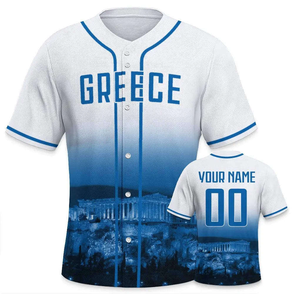Men's Greece Custom Baseball Jersey Personalized Name Number Comfort Shirt with City Night View for Baseball Fans Gift
