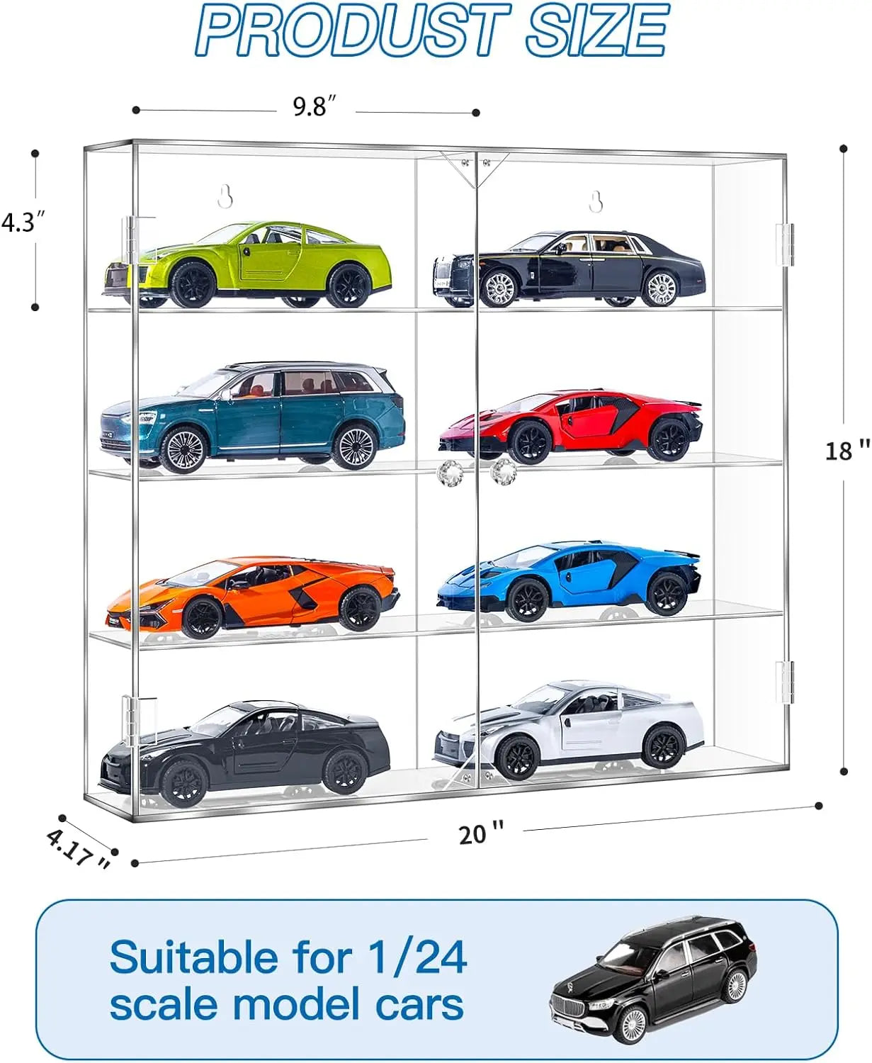 Acrylic Display Case for 1/24 Scale Diecast Storage, 4 Levels 8 Slots Toy Cars Showcase Wall Mount or Desktop, Clear Organizer