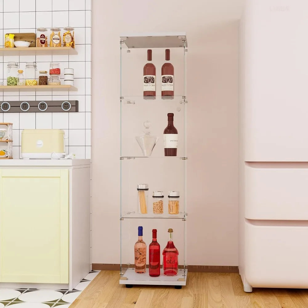 Glass Display Cabinet with 4 Shelves, 64.2"H x 16.9"L x 14.6"W, White for Collectibles