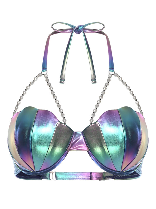 Women Metallic Shiny Swimwear Tankini Set Halter Shell Shaped Bikini Bra Top And Booty Shorts for Nightclub Fitness Beach Cruise
