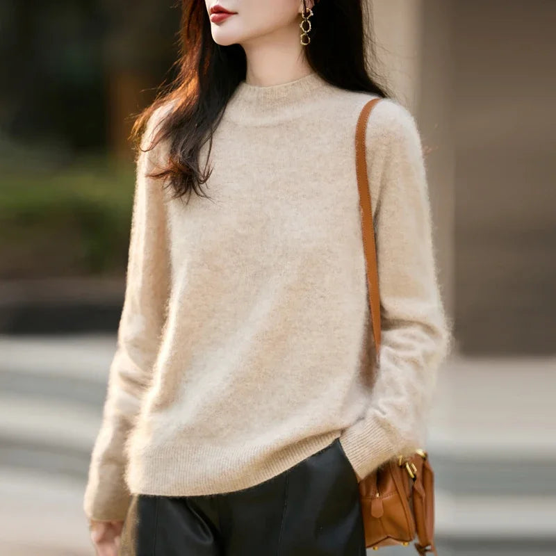 100% Wool Women's Fluffy High Neck Pullover, Loose Knit Winter Sweater Coat, Autumn Warm Top