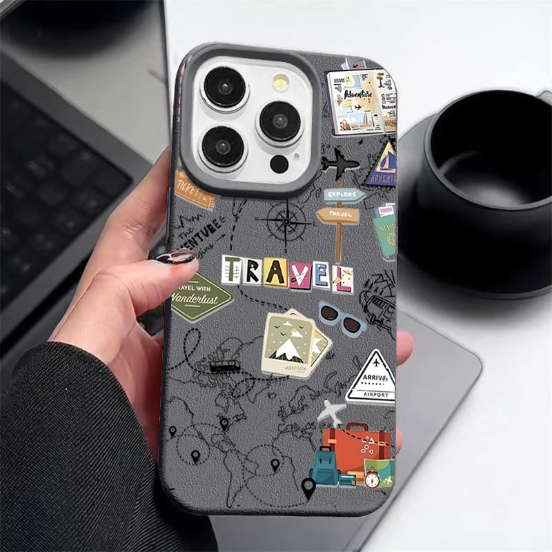 Travel Map Pattern Phone Case For iPhone 17e 16e 17 16 15 14 Pro Max 13 12 Pro Air 11 Leather Texture TPU Silicone Soft Cover