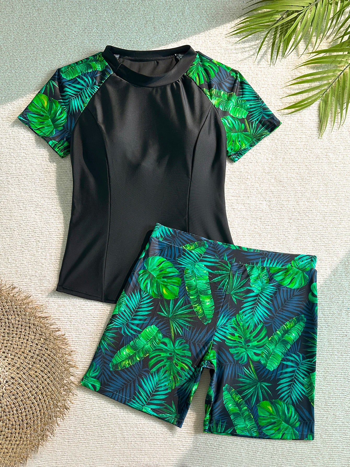 Women's Tankini Swimsuit Set, Two-Piece Swimsuit, Short-Sleeved Beach Vacation Conservative Slim-Fit Tropical Plant Print Boxer Shorts Sporty Fashion Swimwear