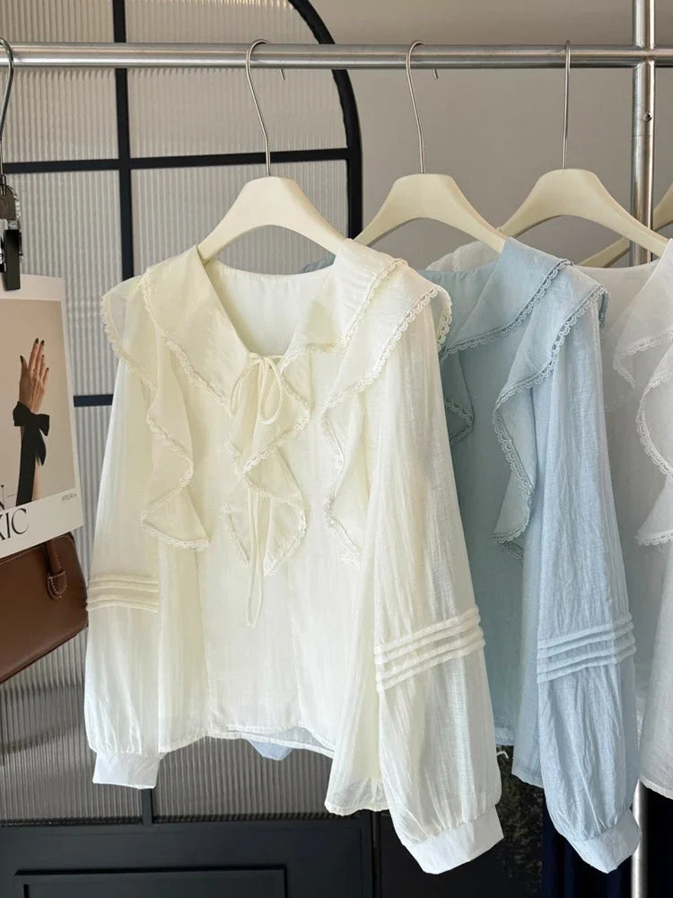 French V-Neck Chic Long Sleeved Blouse Women's Spring Summer Ruffled Casual Top New Design