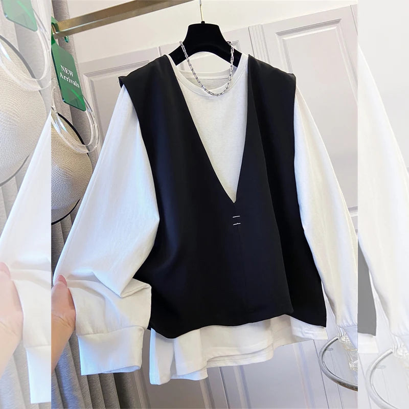 SuperAen Spring New Women's Oversized Pullover White Long-sleeved T-shirt Design Loose-fitting Sleeveless Tops Sets