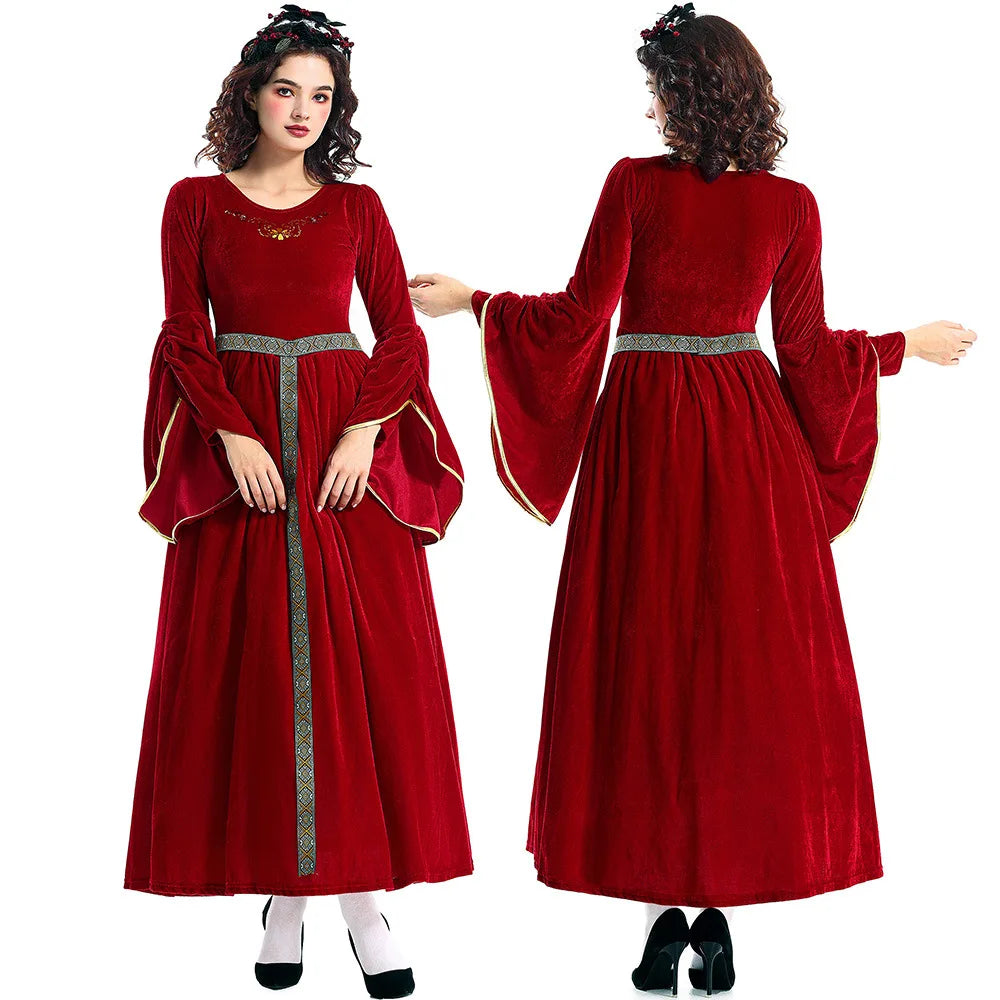 [You're My Secret] Women Medieval Costume Halloween Court Ball Flared Sleeve Princess Dress Cosplay Stage Performance Costume